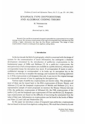 Knapsack-type cryptosystems and algebraic coding theory
