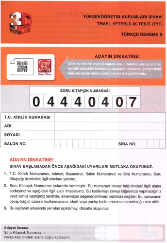 Çözüm 3D 10 TYT Türkçe Deneme 9