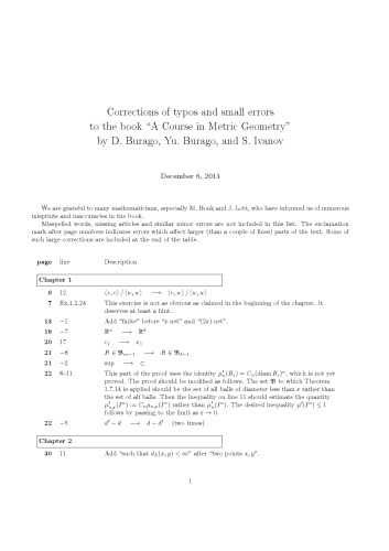 A course in metric geometry - Corrections of typos and small errors