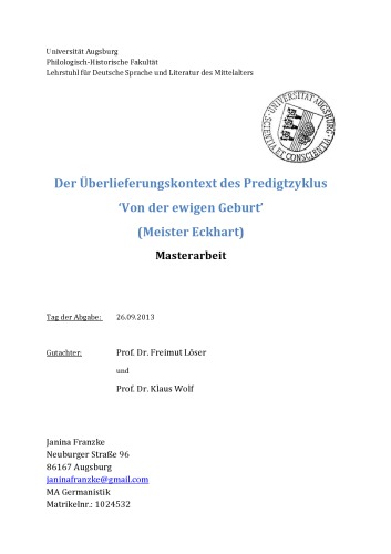 Der Überlieferungskontext des Predigtzyklus ‘Von der ewigen Geburt’ (Meister Eckhart)