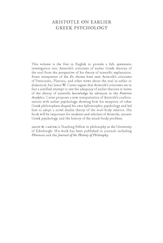 Aristotle on Earlier Greek Psychology: The Science of Soul