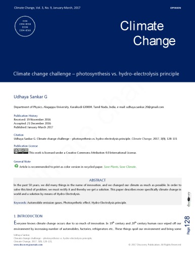 Climate change challenge – photosynthesis vs. hydro-electrolysis principle