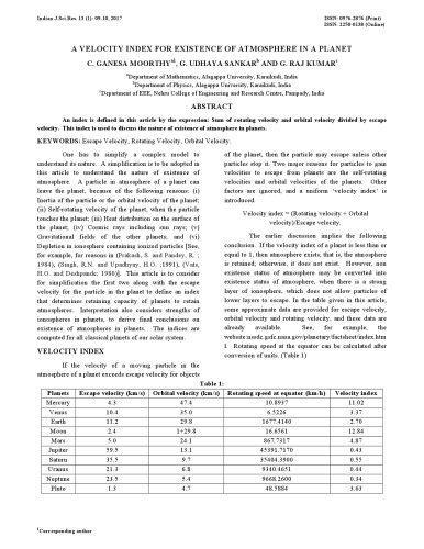A VELOCITY INDEX FOR EXISTENCE OF ATMOSPHERE IN A PLANET