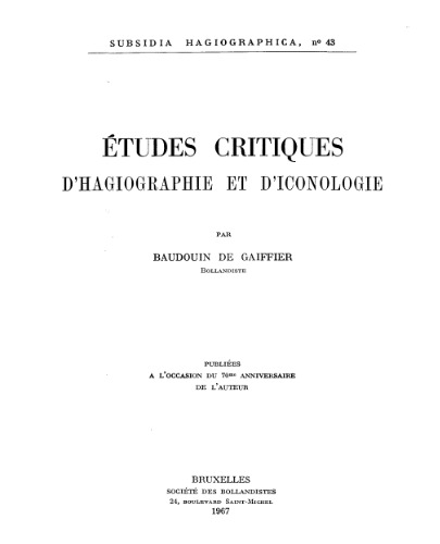 Études critiques d’hagiographie et d’iconologie