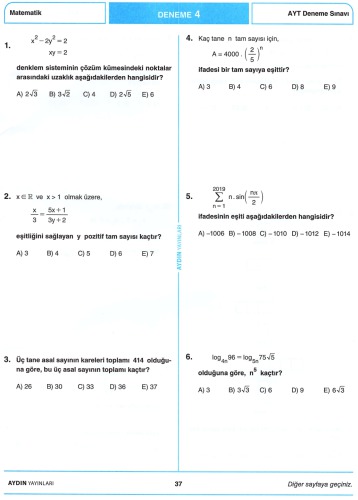 Aydın 10 AYT Matematik Deneme 4