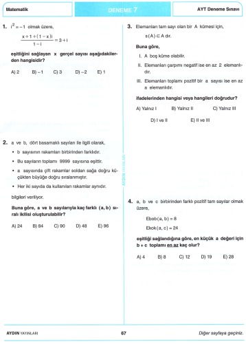 Aydın 10 AYT Matematik Deneme 7