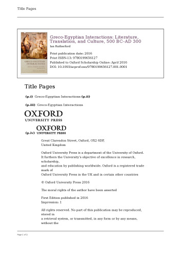Graeco-Egyptian Interactions: Literature, Translation, and Culture, 500 BC–AD 300