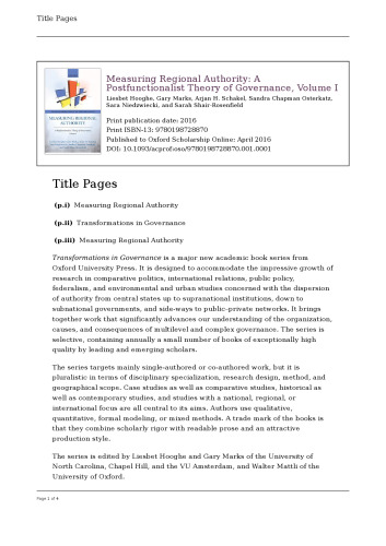 Measuring Regional Authority: A Postfunctionalist Theory of Governance, Volume I