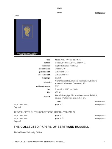 The collected papers of Bertrand Russell (volume 28) : Man’s Peril, 1954 - 55