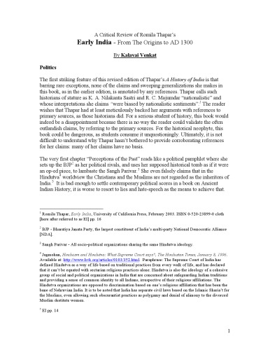 A Critical Review of Romila Thapar ’s Early India - From The Origins to AD 1300