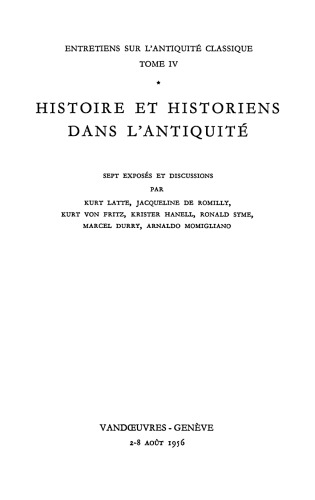 Histoire et Historiens dans l’Antiquité Classique