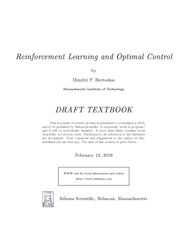 Reinforcement learning and Optimal Control - Draft version [&nbsp;ed.]