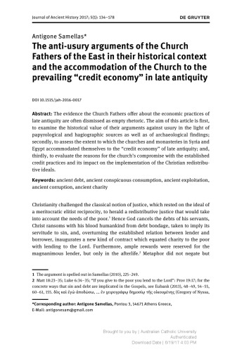 The anti-usury arguments of the Church Fathers of the East in their historical context and the accommodation of the Church to the prevailing “credit economy” in late antiquity