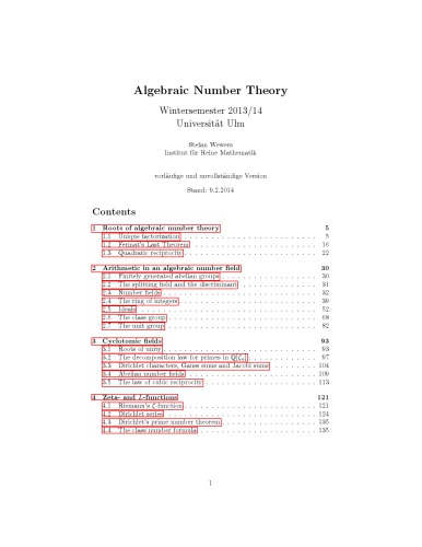Algebraic Number Theory: Wintersemester 2013/14 (Universität Ulm)
