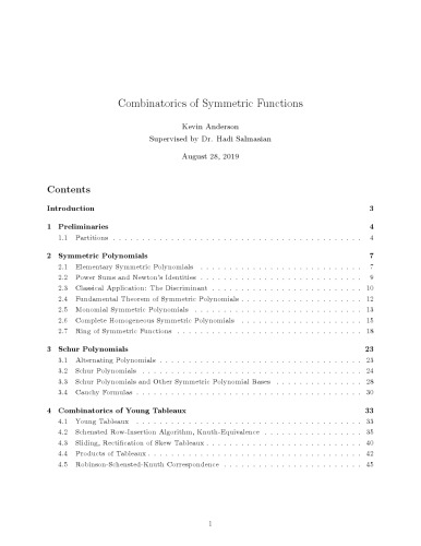 Combinatorics of Symmetric Functions