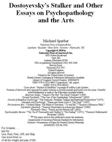Dostoyevsky's Stalker and Other Essays on Psychopathology and the Arts