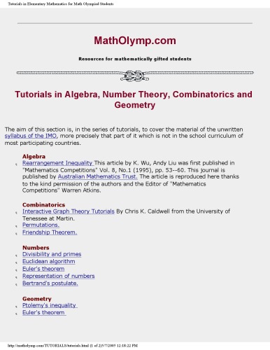 Tutorials in Elementary Mathematics for Math Olympiad Students