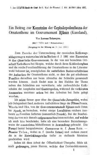 Ein Beitrag zur Kenntniss der Cephalopodenfauna der Ornatenthone im Gouvernement Rjäsan (Kussland)