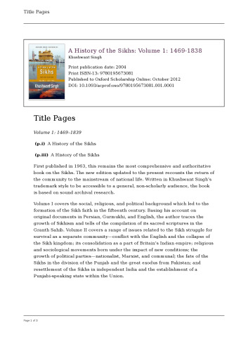 A History of the Sikhs, Volume 1: 1469–1839