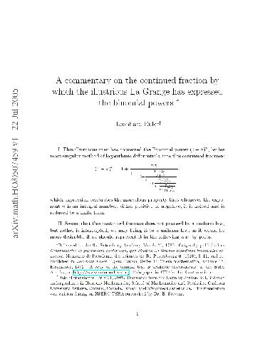 A commentary on the continued fraction by which the illustrious La Grange has expressed the binomial powers