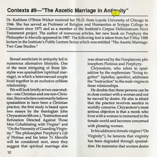 [Article] The Ascetic Marriage in Antiquity. In: Bulletin of the Institute for Antiquity and Christianity 15, issue 3 (1988) 10-13