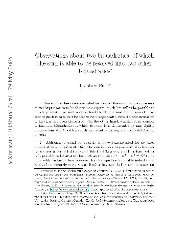 Observations about two biquadratics, of which the sum is able to be resolved into two other biquadratics