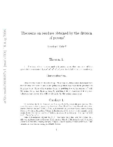 Theorems on residues obtained by the division of powers