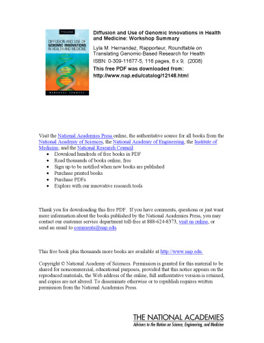 Diffusion and Use of Genomic Innovations in Health and Medicine: Workshop Summary