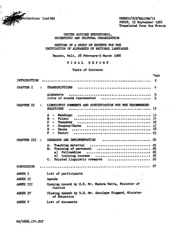 Meeting of a group of experts for the unification of alphabets of national languages. Bamako, Mali, 28 February-5 March 1966. Final report