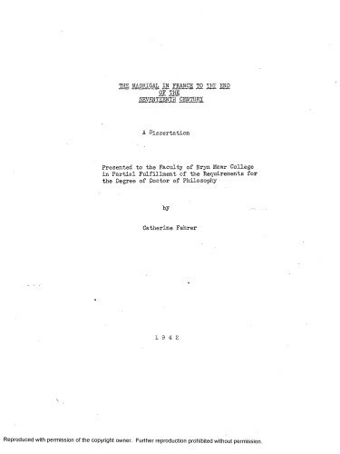 THE MADRIGAL IN FRANCE TO THE END OF THE SEVENTEENTH CENTURY