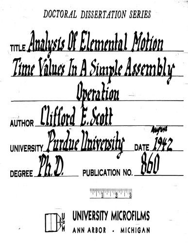 ANALYSIS OF ELEMENTAL MOTION TIME VALUES IN A SIMPLE ASSEMBLY OPERATION
