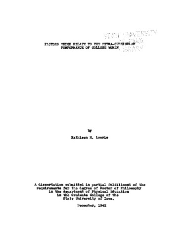 Factors Which Relate to the Extra-Curricular Performance of College Women