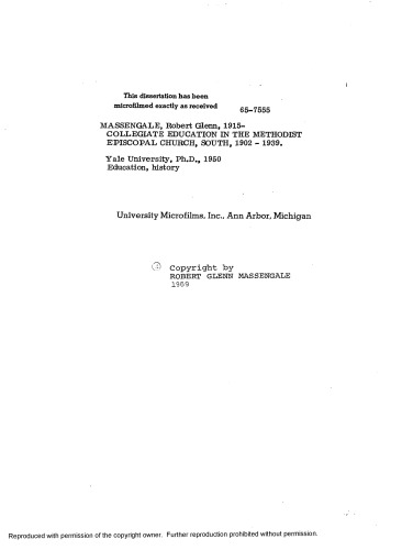 COLLEGIATE EDUCATION IN THE METHODIST EPISCOPAL CHURCH, SOUTH, 1902-1939