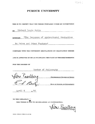 The Response of Agricultural Production to Price and Other Factors