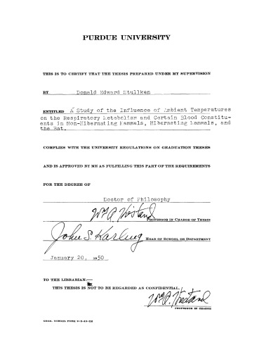 A Study of the Influence of Ambient Temperature on the Respiratory Metabolism and Certain Blood Constituents in Non-Hibernating Mammals, Hibernating Mammals, and the Bat