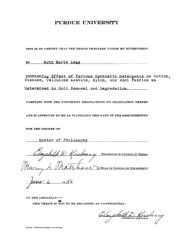 The Effect of Various Synthetic Detergents on Cotton, Viscose, Cellulose Acetate, Nylon, and Wool Fabrics as Determined by Soil Removal and Degradation