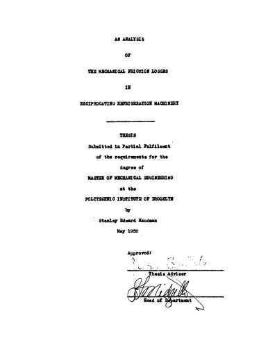 An Analysis of the Mechanical Friction Losses in Reciprocating Refrigeration Machinery
