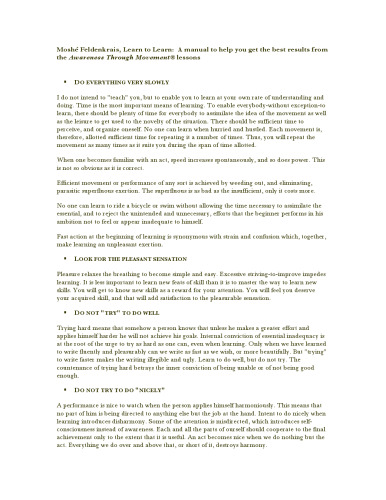 Learn to Learn: A manual to help you get the best results from the Awareness Through Movement lessons