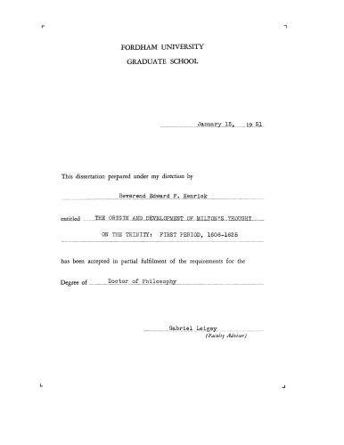 The Origin and Development of Milton’s Thought on the Trinity: First Period,1608-1625