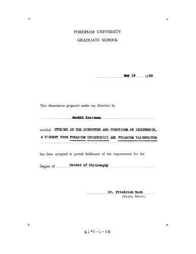 Studies on the Structure and Functions of Lycopersin, a Pigment From Fusarium lycopersici and Fusarium vasinfectum