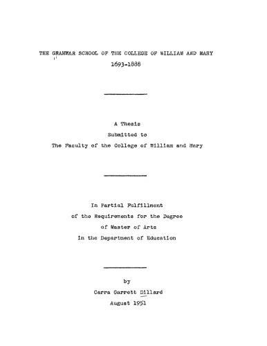 The Grammar School of the College of William and Mary, 1693-1888