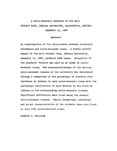 A socio-economic analysis of the male student body, Indiana University, Bloomington, Indiana, semester II, 1947