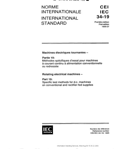Iec 60034-19-Rotating Electrical Machines-Specific Test Methods For Dc Machines On Conventional And Rectifier-Fed Supplies- - -En-Fr