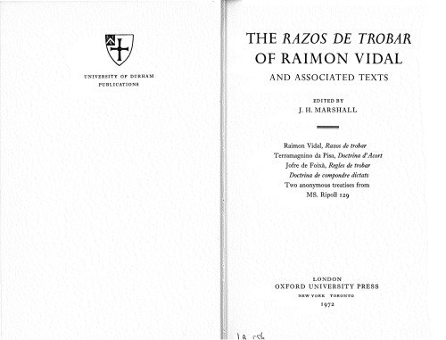 The Razos de Trobar of Raimon Vidal and Associated Texts