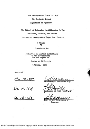 THE EFFECT OF POTASSIUM FERTILIZATION ON THE POTASSIUM, CALCIUM, AND SODIUM CONTENT OF PENNSYLVANIA CIGAR LEAF TOBACCO
