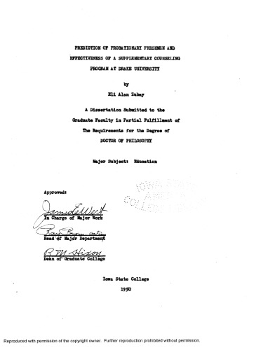 Prediction of probationary freshmen and effectiveness of a supplementary counseling program at Drake University