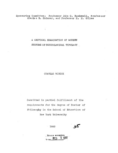 A CRITICAL EXAMINATION OF MODERN SYSTEMS OF PSYCHOLOGICAL TYPOLOGY