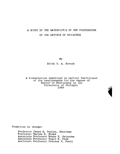 A Study Of The Manuscripts Of The Florilegium Of The Letters Of Symmachus