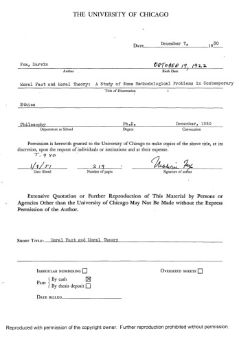 MORAL FACT AND MORAL THEORY: A STUDY OF SOME METHODOLOGICAL PROBLEMS IN CONTEMPORARY ETHICS