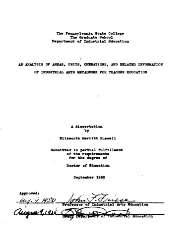 AN ANALYSIS OF AREAS, UNITS, OPERATIONS, AND RELATED INFORMATION OF INDUSTRIAL ARTS METALWORK FOR TEACHER EDUCATION
